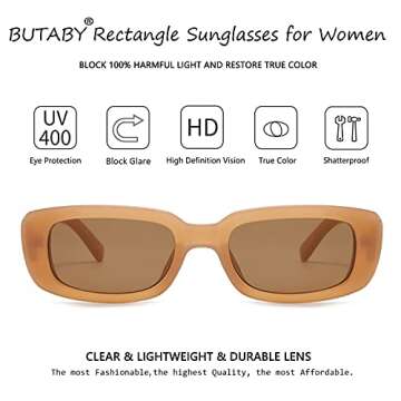 BUTABY Rectangle Sunglasses for Women Retro Driving Glasses 90’s Vintage Fashion Narrow Square Frame UV400 Protection Beige Brown