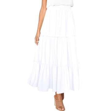 Afibi Womens High Waist A Line Ruffle Swing Long Maxi Skirt with Pockets (Small, White)