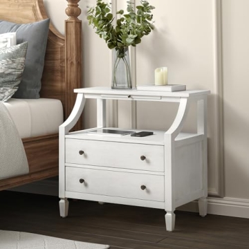 HULALA HOME Stylish Wood Nightstand with Charging Station, 2 Drawers & Pull-Out Shelf for Bedroom