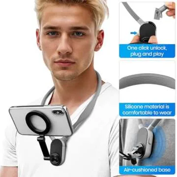 Keweis Magnetic Neck Phone Holder Cell Phone Mount, Hand Free POV/Vlog Flexible Phone Neck Holder Around Chest Stand Video Recording Fit for iPhone 15 14 13 12 Pro Max Plus Mini (Grey)