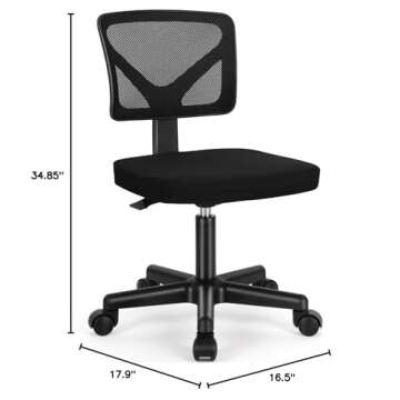 Armless Small Home Office Desk Chair, Ergonomic Low Back Computer Chair, Adjustable Rolling Swivel Task Chair with Lumbar Support for Small Space, 1 Pack