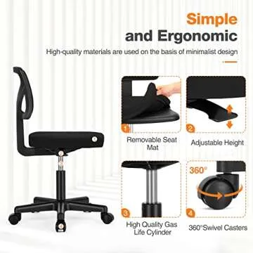 Armless Small Home Office Desk Chair, Ergonomic Low Back Computer Chair, Adjustable Rolling Swivel Task Chair with Lumbar Support for Small Space, 1 Pack