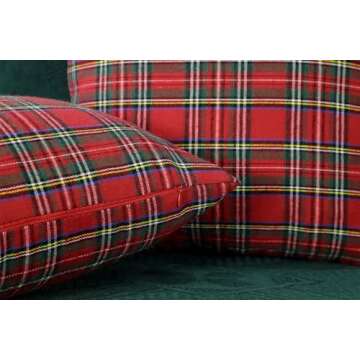 4TH Emotion Set of 2 Christmas Scottish Tartan Plaid Throw Pillow Covers Cushion Case Polyester for Farmhouse Home Decor Red and Green, 18 x 18 Inches