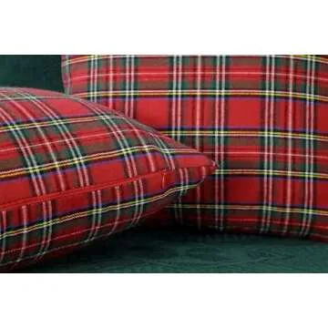 4TH Emotion Set of 2 Christmas Scottish Tartan Plaid Throw Pillow Covers Cushion Case Polyester for Farmhouse Home Decor Red and Green, 18 x 18 Inches