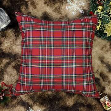 4TH Emotion Set of 2 Christmas Scottish Tartan Plaid Throw Pillow Covers Cushion Case Polyester for Farmhouse Home Decor Red and Green, 18 x 18 Inches