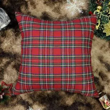 4TH Emotion Set of 2 Christmas Scottish Tartan Plaid Throw Pillow Covers Cushion Case Polyester for Farmhouse Home Decor Red and Green, 18 x 18 Inches