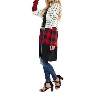 Lacozy Womens Light Weight Strip Color Block Cardigan Buffalo Plaid Shirt Pockets Sweater Casual Kimono Tunic Stripe XX-Large
