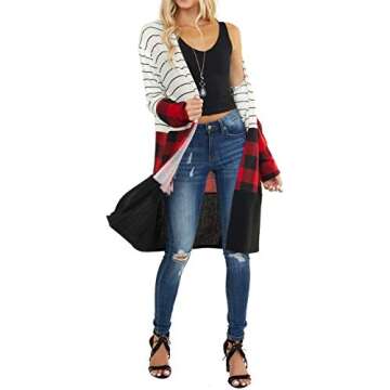 Lacozy Womens Light Weight Strip Color Block Cardigan Buffalo Plaid Shirt Pockets Sweater Casual Kimono Tunic Stripe XX-Large