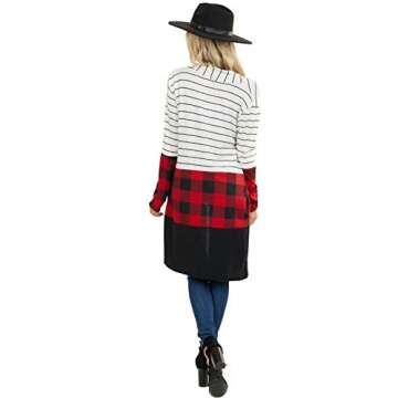 Lacozy Womens Light Weight Strip Color Block Cardigan Buffalo Plaid Shirt Pockets Sweater Casual Kimono Tunic Stripe XX-Large