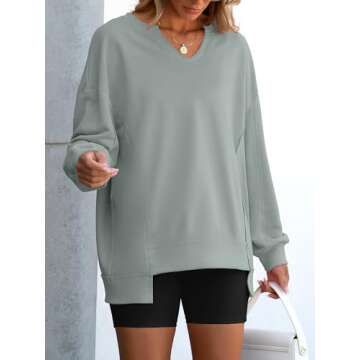 ANRABESS Womens Oversized Sweatshirt V Neck Long Sleeve Tunic Lightweight Pullover 2024 Winter Casual Tops Teen Girl Outfits Light Green Small