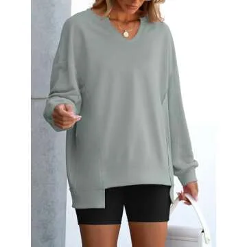 ANRABESS Womens Oversized Sweatshirt V Neck Long Sleeve Tunic Lightweight Pullover 2024 Winter Casual Tops Teen Girl Outfits Light Green Small