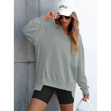 ANRABESS Womens Oversized Sweatshirt V Neck Long Sleeve Tunic Lightweight Pullover 2024 Winter Casual Tops Teen Girl Outfits Light Green Small