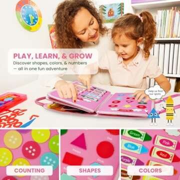 LITTLE CHILTERN Interactive Toddler Busy Book | Montessori Busy Board with Various Activities | Educational Montessori Sensory Book for Motor Skill Development | Portable Activity Board (Pink)