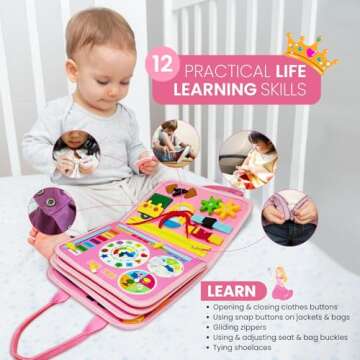 LITTLE CHILTERN Interactive Toddler Busy Book | Montessori Busy Board with Various Activities | Educational Montessori Sensory Book for Motor Skill Development | Portable Activity Board (Pink)