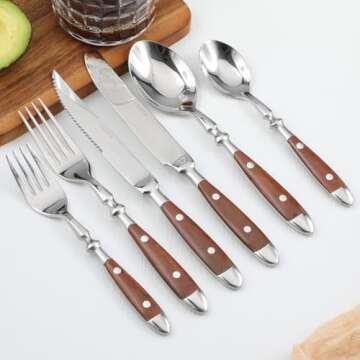 CATHYLIN 24-Piece 18/10 Stainless Steel Silverware set,Vintage Flatware set with Brown Bakelite Handle,service for 4,Cutlery set (24, Brown)