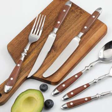 CATHYLIN 24-Piece 18/10 Stainless Steel Silverware set,Vintage Flatware set with Brown Bakelite Handle,service for 4,Cutlery set (24, Brown)