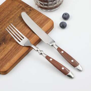 CATHYLIN 24-Piece 18/10 Stainless Steel Silverware set,Vintage Flatware set with Brown Bakelite Handle,service for 4,Cutlery set (24, Brown)