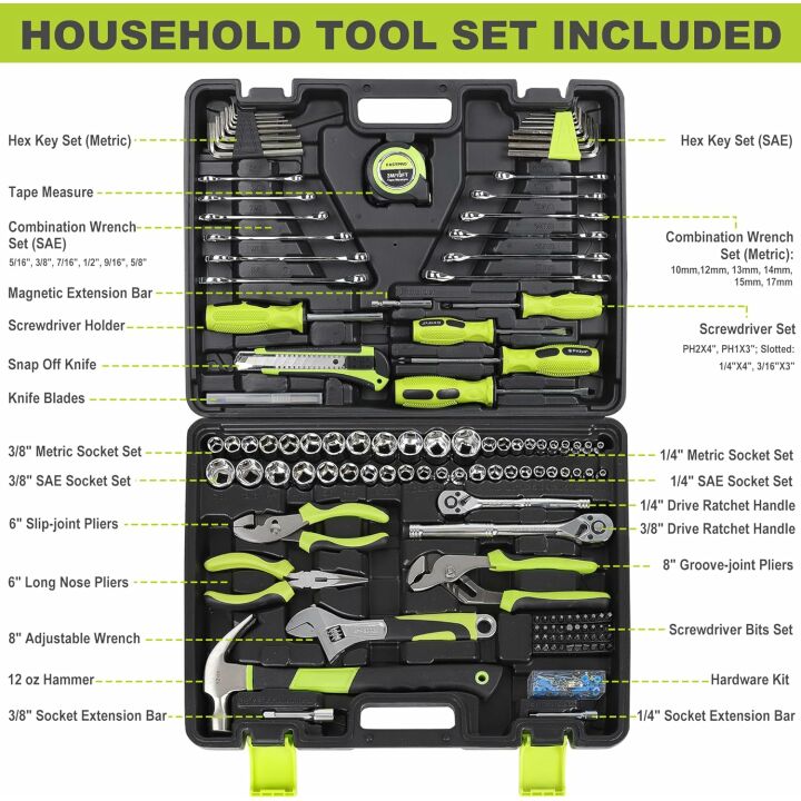 225-Piece Household Tool Set for Home and Auto Repairs