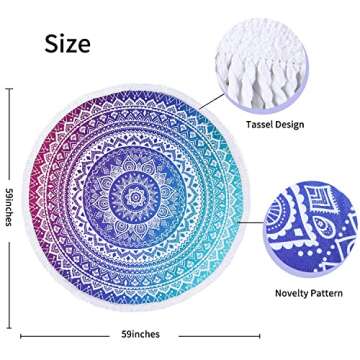 Benefeet Sox Beach Towel Large Round Mandala Beach Towels Tassels Microfiber Quick Dry Beach Blanket Throw Bohemian Roundie Swim Pool Circle Towel, 59 Inches Gradient