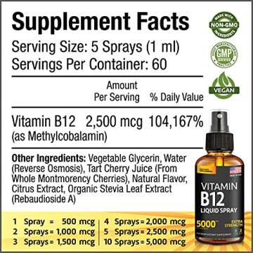 Vitamin B12 Sublingual - Vegan B12 Vitamin Spray - Methylcobalamin Vitamin B12 Liquid Boosts Energy & Mood - Gluten-Free & Non-GMO Vegan Vitamin B12 Drops - Easy Liquid B-12 Spray for Perfect Dosage