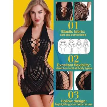 FasiCat Women Fishnet Babydoll Lingerie Chemise Halter Nightwear Mini Teddy Dress Valentine's Day Lingerie Dress DIY Black