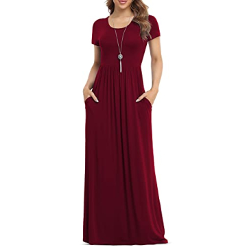 VIISHOW Women Summer Short Sleeve Loose Plain Long Maxi Casual Dress with Pockets (Wine red Large)