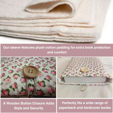 Zosiana Designs Floral Book Sleeve - Elegant Book Cover with Wooden Button, Cotton Padded Protector for Paperbacks & Hardcovers, Ideal for Book Lovers, Durable Design, 10.6x8.7 inches (White-Roses)