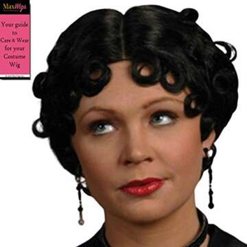 Betty Boop Flapper color Black - Enigma Wigs Short Curly Fingerwave Cartoon 1920s Wavy Girl Bundle MaxWigs Costume Wig Care Guide One Size