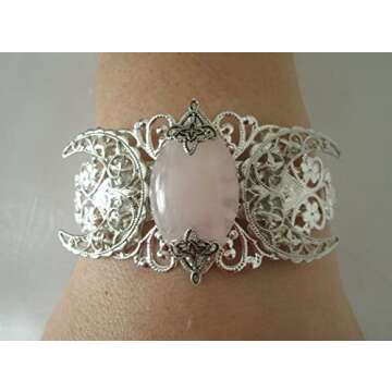 Rose Quartz Triple Moon Cuff Bracelet, handmade jewelry wiccan pagan wicca witch witchcraft goddess