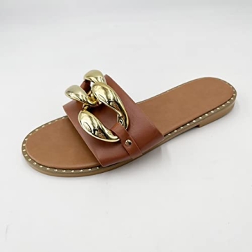 Powerpurlife Women's gold chain decorated flat sandals slippers peep toe one word sandals.(A Middle coffee 40)