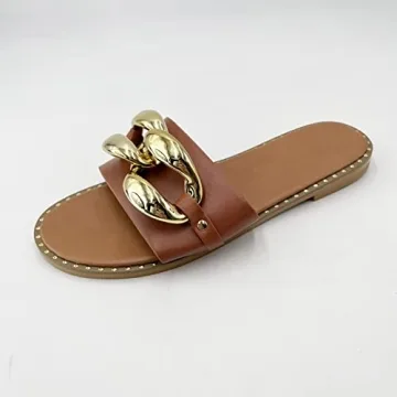 Powerpurlife Women's gold chain decorated flat sandals slippers peep toe one word sandals.(A Middle coffee 40)