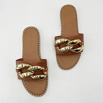 Powerpurlife Women's gold chain decorated flat sandals slippers peep toe one word sandals.(A Middle coffee 40)