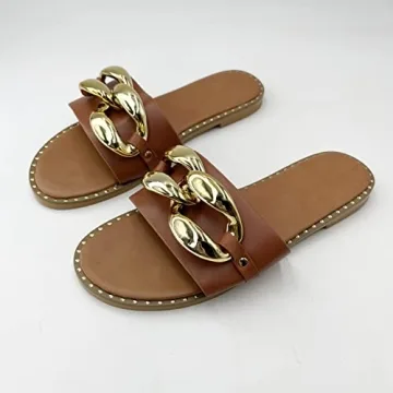 Powerpurlife Women's gold chain decorated flat sandals slippers peep toe one word sandals.(A Middle coffee 40)
