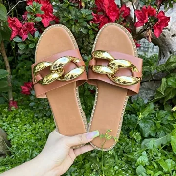Powerpurlife Women's gold chain decorated flat sandals slippers peep toe one word sandals.(A Middle coffee 40)