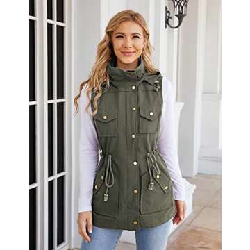 BBX Lephsnt Women's Front Zipper Solid Utility Anorak Hoodie Vest Green Large