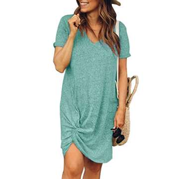 Dearlovers Womens V-Neck Short Sleeve Solid Tshirt Dresses Loose Side Knot Mini Dress X-Large A-Light Green