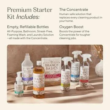 Branch Basics Premium Starter Kit: Natural All Purpose Cleaning Spray, Glass Cleaner, Bathroom Cleaner, Wash and Laundry Bottle (3 Plastic Spray Bottles + Concentrate) Fragrance-Free