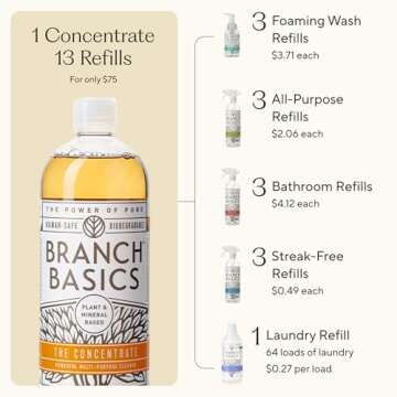 Branch Basics Premium Starter Kit: Natural All Purpose Cleaning Spray, Glass Cleaner, Bathroom Cleaner, Wash and Laundry Bottle (3 Plastic Spray Bottles + Concentrate) Fragrance-Free