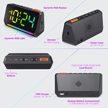 XKX RGB Clock: Loud Alarm, Night Light & USB Charger
