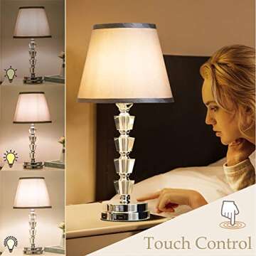 lifeholder Bedside Lamp, Exquisite Crystal Lamp with Dual USB Ports, Motion Sensor Lamp Include 2 Edison Bulbs, Gray Fabric Table Lamps for Bedroom,Living Room,Office(Set of 2)