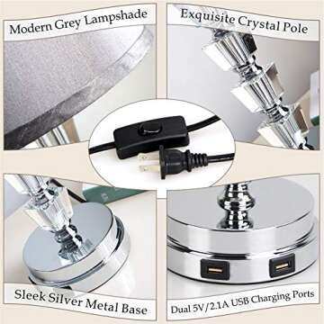 lifeholder Bedside Lamp, Exquisite Crystal Lamp with Dual USB Ports, Motion Sensor Lamp Include 2 Edison Bulbs, Gray Fabric Table Lamps for Bedroom,Living Room,Office(Set of 2)