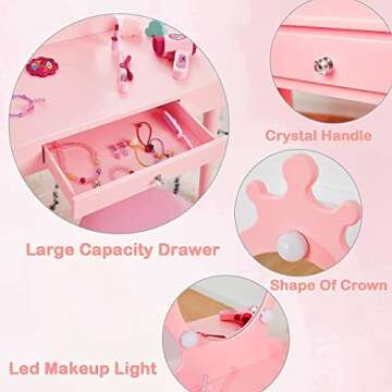 Vabches Kids Vanity Table and Chair Set, Girls Vanity Desk with Mirror and Lights,Makeup Dressing Ta...