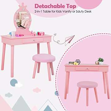 Vabches Kids Vanity Table and Chair Set, Girls Vanity Desk with Mirror and Lights,Makeup Dressing Table with Storage Drawer for Little Girls, Pink