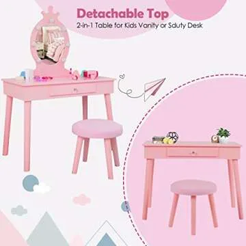 Vabches Kids Vanity Table and Chair Set, Girls Vanity Desk with Mirror and Lights,Makeup Dressing Table with Storage Drawer for Little Girls, Pink