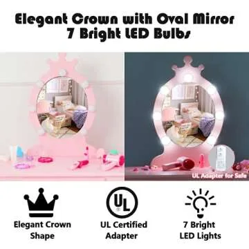 Vabches Kids Vanity Table and Chair Set, Girls Vanity Desk with Mirror and Lights,Makeup Dressing Table with Storage Drawer for Little Girls, Pink