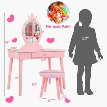 Vabches Kids Vanity Table and Chair Set, Girls Vanity Desk with Mirror and Lights,Makeup Dressing Table with Storage Drawer for Little Girls, Pink