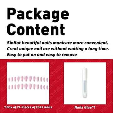 SINHOT Almond Press on Nails Medium Glossy Fake Nails Pink Stiletto False Nails 24pcs Acrylic Nails for Women and Girls