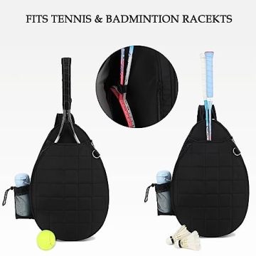 Rejolly New Tennis Racket Sling Bag for Women Men Quilted Water Resistant Racquet Cover One Shoulder Crossbody Bags for Pickleball Paddles, Badminton Racquet Black