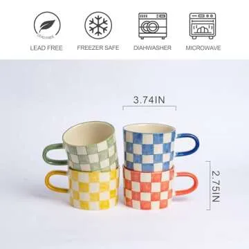 TERESA'S TEASET Coffee Mug Set of 4, 10 OZ Ceramic Tea Cups with Handle, Microwave and Dishwasher Safe, Multicolor Checkerboard Pattern Funny Tea Cups for Coffee, Tea, Milk and Cocoa, Gift for Women