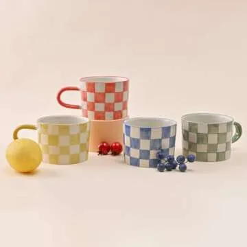 TERESA'S TEASET Coffee Mug Set of 4, 10 OZ Ceramic Tea Cups with Handle, Microwave and Dishwasher Safe, Multicolor Checkerboard Pattern Funny Tea Cups for Coffee, Tea, Milk and Cocoa, Gift for Women